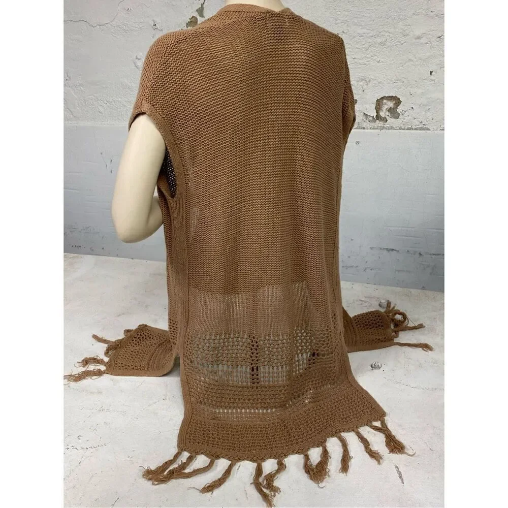 OLD NAVY Y2K Brown Bohemian Crochet with Fringe Sleeveless Sweater Wrap Size XS